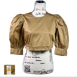 Danielle Bernstein NWT Beige Dot Puff Sleeve Side Tie Micro Dot Top